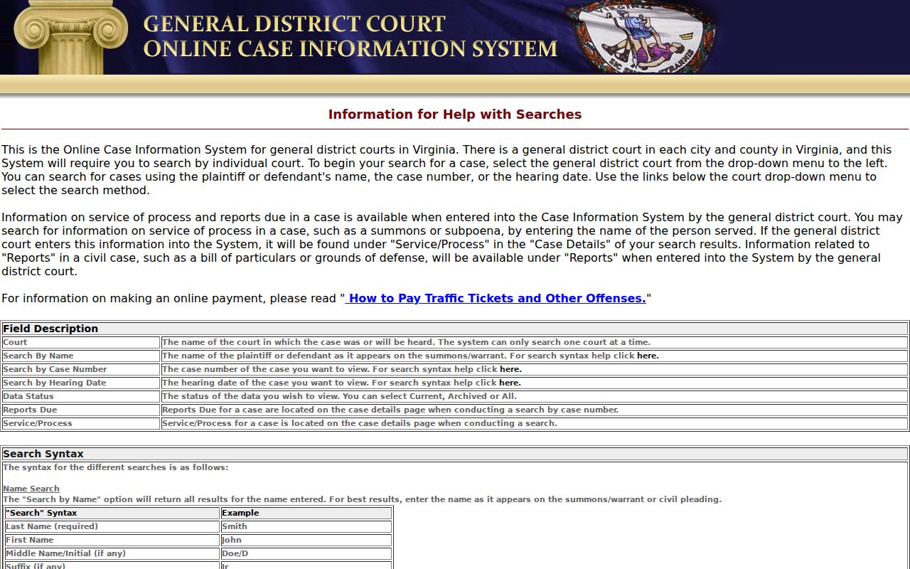 Frederick County warrant search reference, General District Court search controls