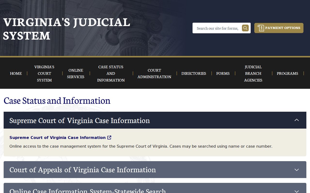 Frederick County warrant records reference, Virginia Courts case-information choices