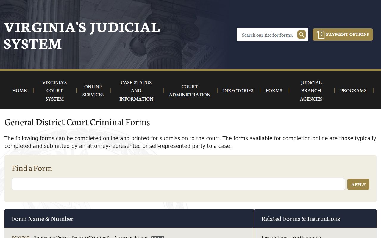 Frederick County bench warrant reference, Virginia district court forms list