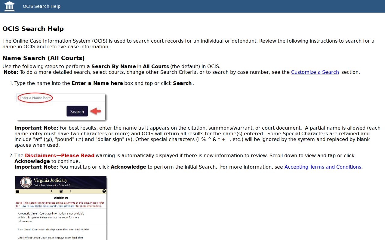 Frederick County warrant search reference, OCIS search help fields