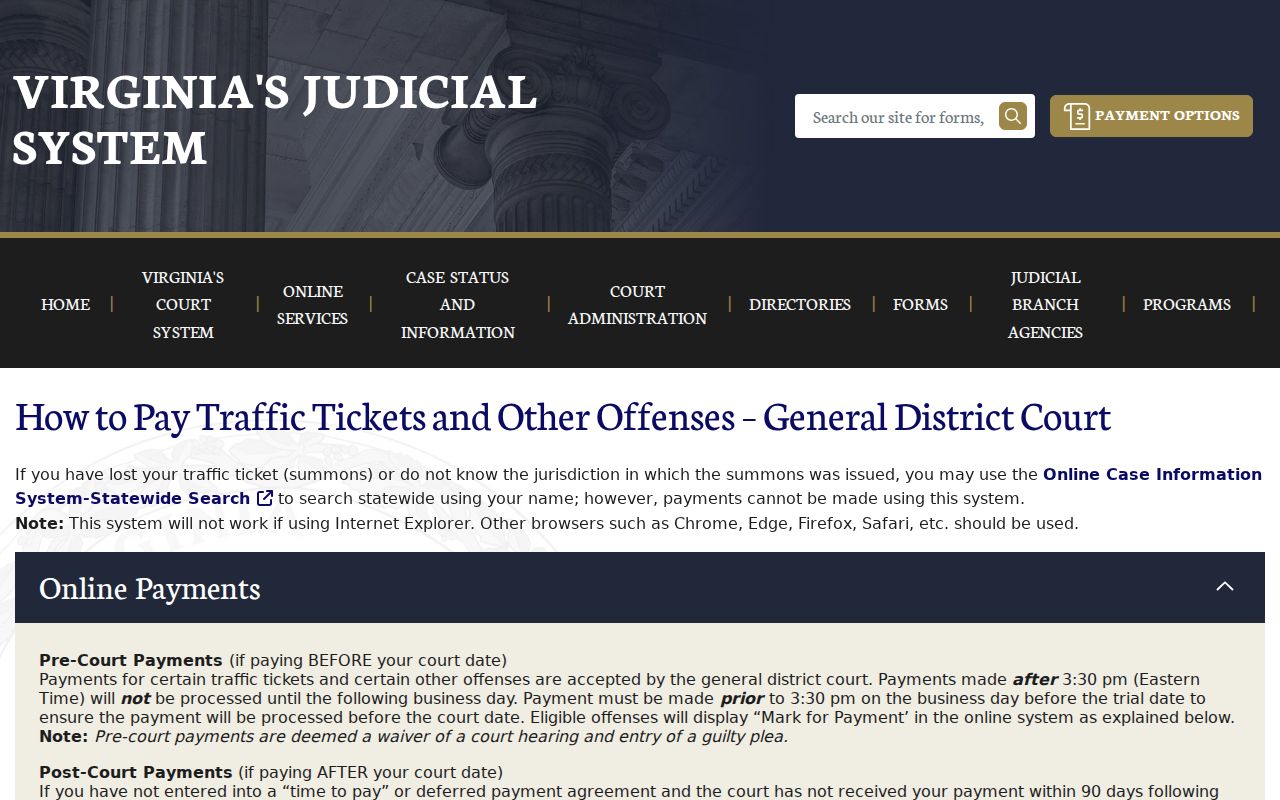 Frederick County traffic warrant reference, Virginia Courts ticket search and payment flow