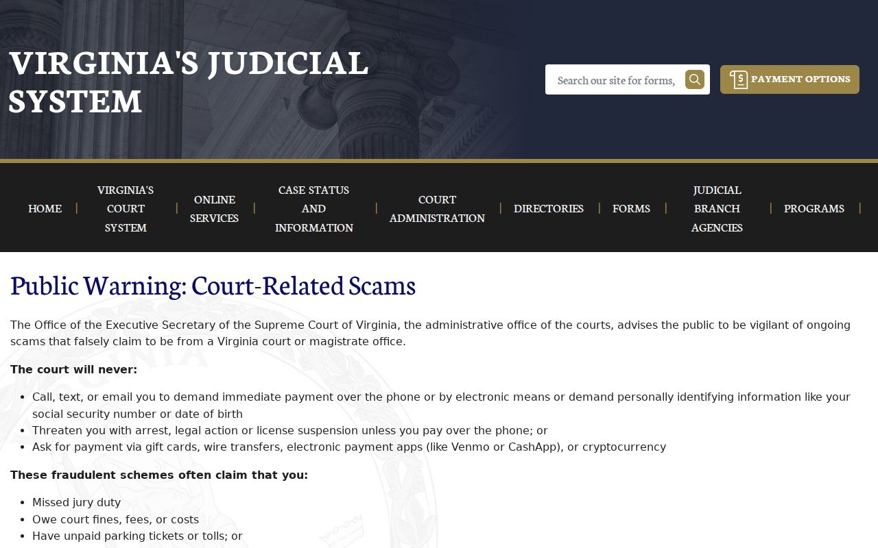 Frederick County most-wanted warrant reference, Virginia Courts warning about court-related scams