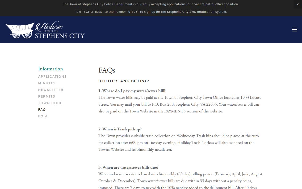 Stephens City warrant records reference, town FAQ with population and parking information