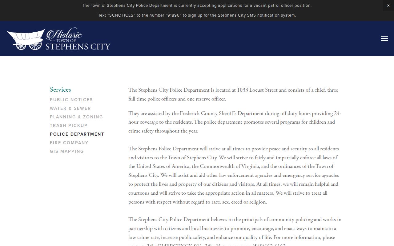 Stephens City warrant records reference, town police contact and after-hours information