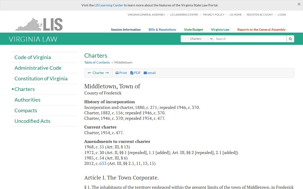 Frederick County municipal warrant reference, Middletown charter police-justice provisions