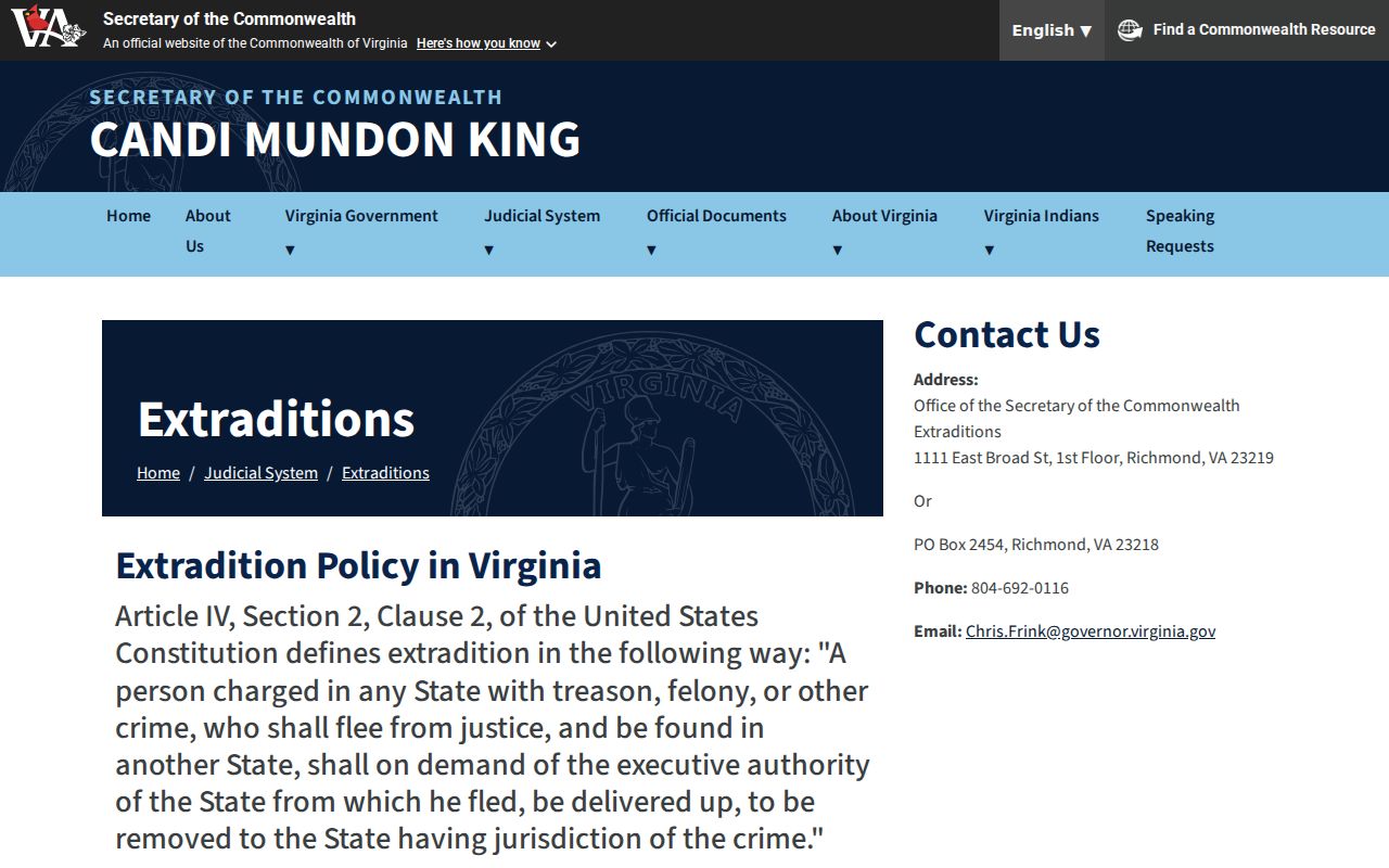 Frederick County arrest warrant reference, Virginia Governor’s Warrant and extradition process
