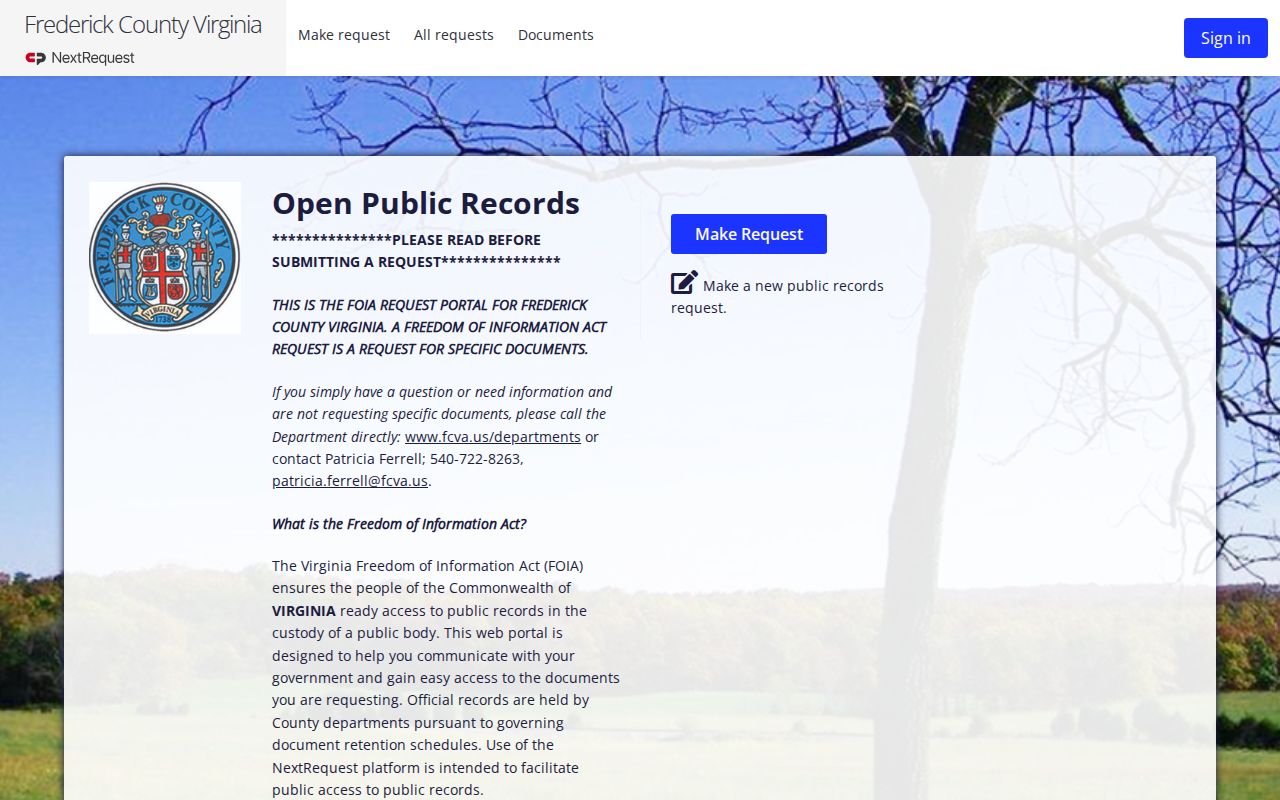 Frederick County warrant records reference, county FOIA request portal